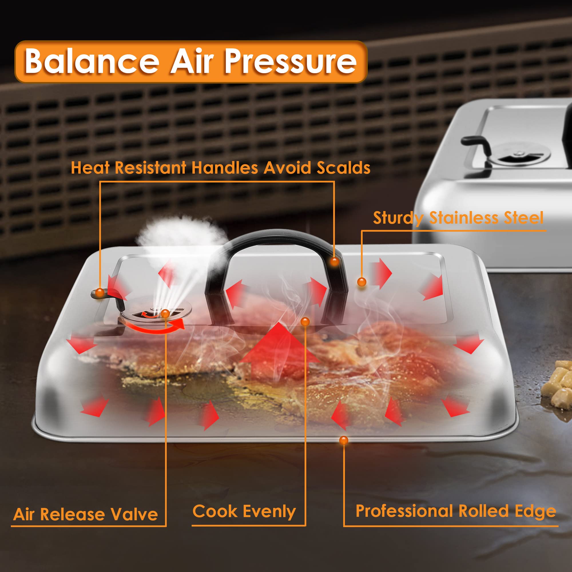 Leonyo 13 x 9 Inch Rectangular Basting Cover Set of 2  Stainless Steel Cheese Melting Dome Lid with Adjustable Vent Heavy Duty for Outdoor&Indoor Flat Top Griddle Accessories Teppanyaki BBQ Grilling